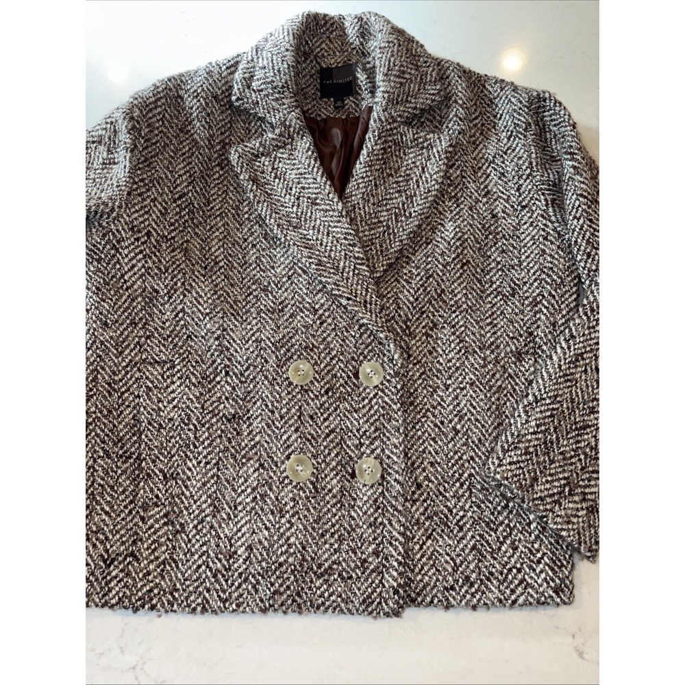The Limited Womens Wool Plaid Tweed Blazer XS‎ Double Breasted Herringbone Brown